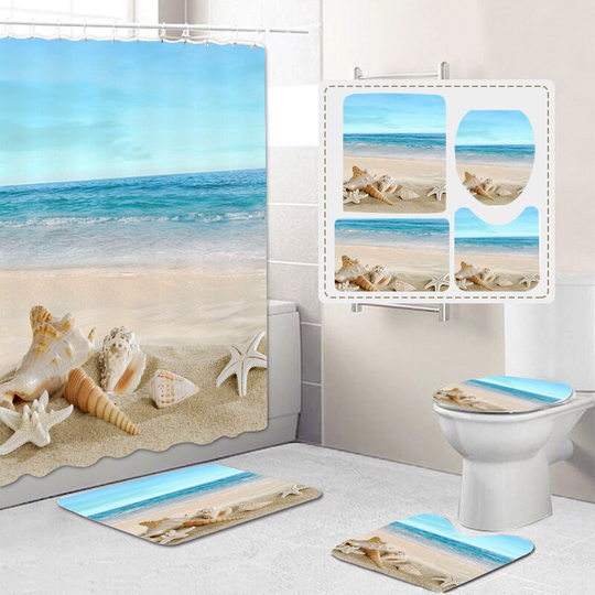 Shower Curtains with Soft Non-Slip Bath Mat Toilet Cover for Bathroom Four Pieces, Home Waterproof Bathtub Curtain Sets, Marine Style Shell Beach 3D