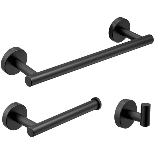 3 Piece Bathroom Accessories, 30cm Towel Rack, Toilet Paper Holder, Robe Hook, Matte Black