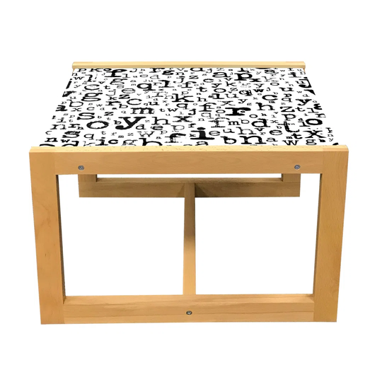 Alphabet Coffee Table, Monochrome Style Pattern Of Scattered Letters On A Plain Background, Acrylic Glass Center Table With Wooden Frame For Offices D