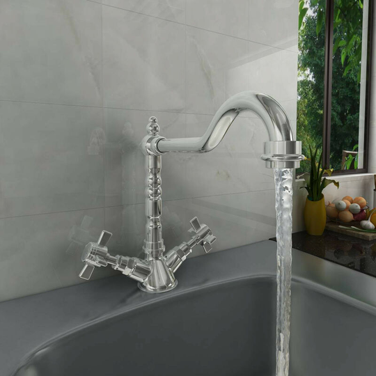 NRG - Traditional Solid Brass Tap Dual Twin Lever Swivel Mixer Kitchen Sink Faucet