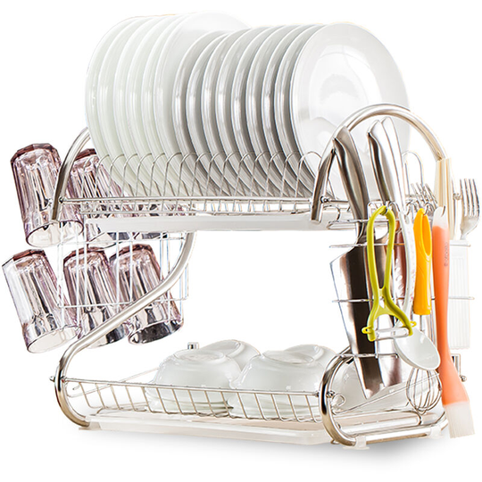 Superseller - Dish Drying Rack 2 Tier Dish Rack Steel with Removable Drain Board Storage Rack for Dish Drainer Utensil Holder with Cup Rack