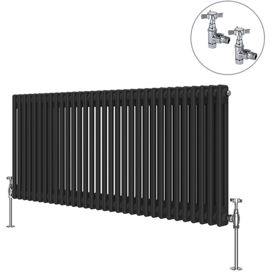 Traditional Rad Cast Iron Style Radiator Black + Chrome Angled Traditional Radiator Manual Valves 600x1460mm Horizontal Double Column