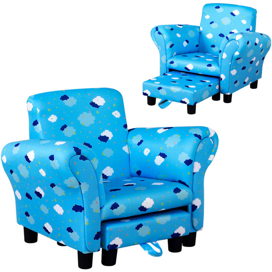 Cute Cloud Star Child Armchair Seat Wood Frame w/ Footrest Padding Blue - blue - Homcom