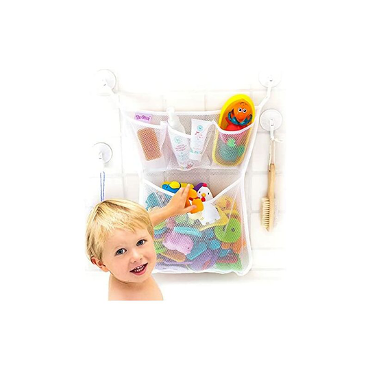 Bath Toy Storage for Baby Bath Toys, Hanging Bath Toy Rack with Suction Cup and Adhesive Hooks, 14' x 20' Mesh Shower Basket for Bathtub Toys, Kids