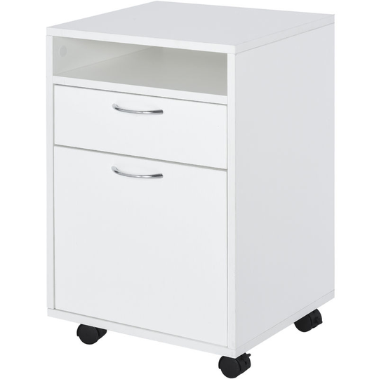 60cm Storage Cabinet w/ Drawer Open Shelf Metal Handles 4 Wheels White - White - Homcom