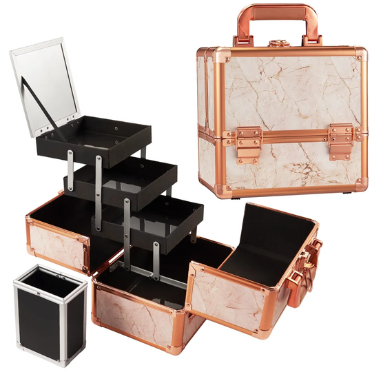 Makeup Box Cosmetics Case Jewelry Organiser Vanity Make Up Storage Boxes With Mirror And One Brushes Holder Key Locks (Gold)