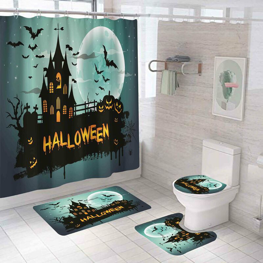 Halloween Water Tower Shower Curtain Sets, Generic Halloween Bathroom Decor Set 71 inch x 71 inch - Shower Curtain with Mat, Toilet Lid Cover, Bath