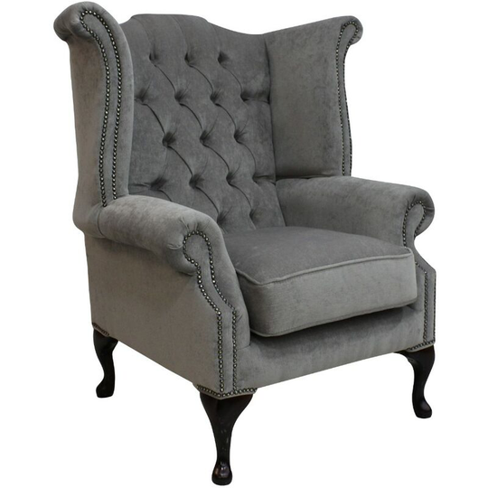 Chesterfield Fabric Queen Anne High Back Wing Chair Pimlico Grey