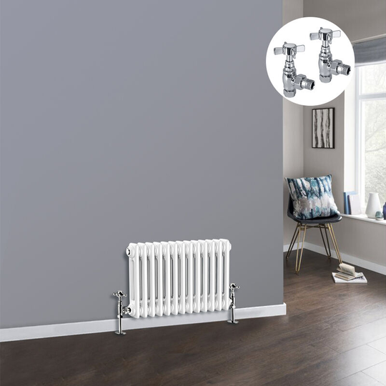 White 2 Column Traditional Cast Iron Style Radiator with Chrome Angled Cross Head Manual Valves Horizontal 300x605mm