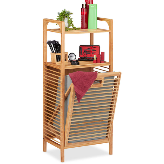 Bathroom Shelf with Laundry Hamper, Removable Folding Fabric Box, Bamboo Frame, hwd 95x40x30 cm, Natural/Grey - Relaxdays