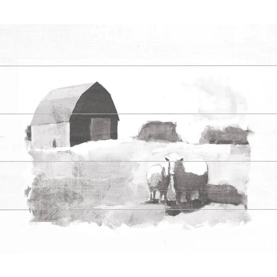 Barn and Animals Black and White Slats - Wrapped Canvas Painting Print