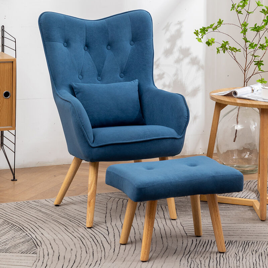 Frosted Velvet Wingback Lounge Chair with Footstool, Blue - Livingandhome