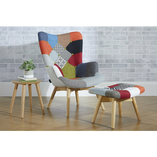 Colourful Upholstered Sloane Patched Armchair & Footstool
