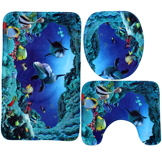 3Pcs In Kit Bath Mat Cover Toilet Cover Blue Shark Home Decor