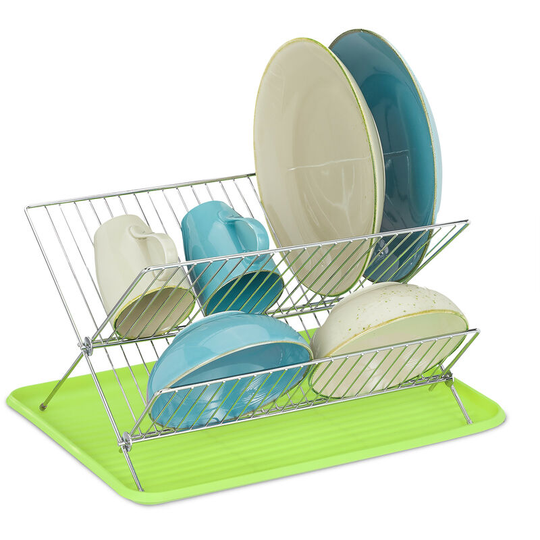 Relaxdays - Dish Drainer with Drip Tray, Folding Drying Rack, Metal & Plastic, HxWxD 24 x 42 x 32 cm, Green