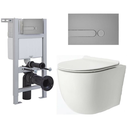 Milano - Overton - White Ceramic Modern Bathroom Wall Hung Rimless Toilet with Short Wall Frame, Cistern and Satin Chrome Square Dot Flush Plate