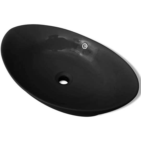 Black Luxury Ceramic Basin Oval with Overflow 59 x 38,5 cm Vidaxl Black