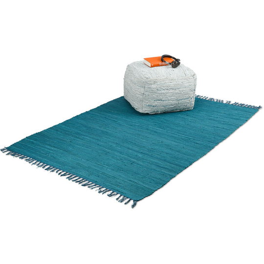 Flatweave rug, made of cotton, anti-slip, runner with tassels, floor rug, size 120 x 180 cm, blue - Relaxdays