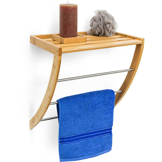 Relaxdays - Bamboo Wall-Mount Towel Holder with 3 Rails Chrome-Plated Metal 40 x 38 x 24.5 cm Moisture-Resistant Wood Bathroom Shelf with Towel Rack,