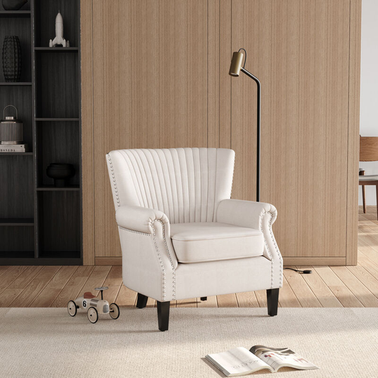 White Deep Upholstered Armchair with Wooden Legs - Livingandhome