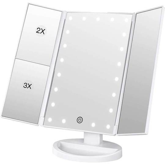 Cosmetic Makeup Mirror 21 led Lighted Folding Triple Lighted Mirror 1X/2X/3X Magnification Adjustable 180° led Mirrors With Touch Button Battery usb