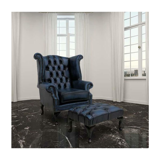 Chesterfield Offer Queen Anne High Back Wing Chair Antique Blue Leather Footstool