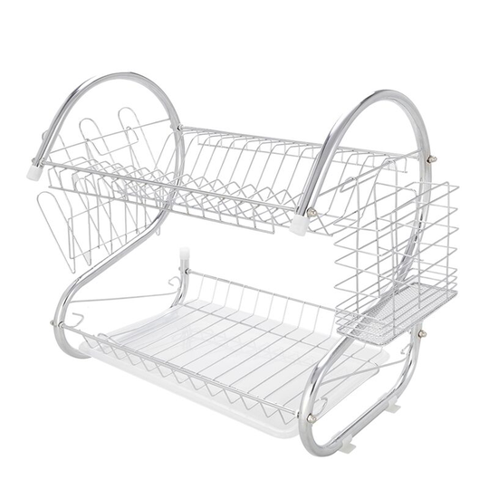 QHJ - Kitchen Dish Drying Holder, 2 Tier Stainless Steel Bowl Cup Drain Drying Rack with Utensil Knife Holder, Silver
