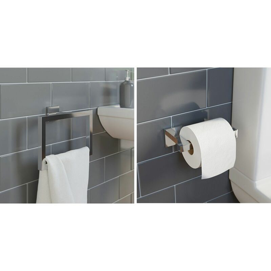 Bathroom Accessories Set Towel Ring Toilet Roll Holder Chrome Square Wall Mount - Silver