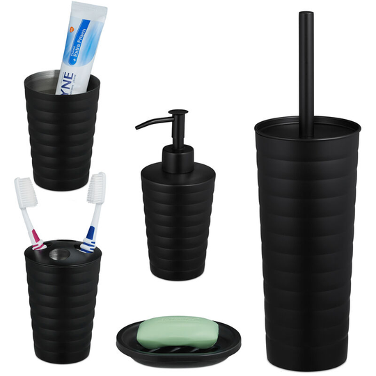 5-piece bathroom accessory set, brushed stainless steel, complete toilet set, soap dish, modern design, black - Relaxdays