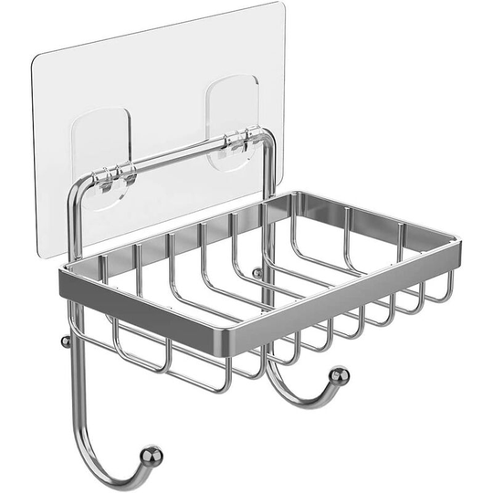 Shower Soap Dish Sticky Sponge Holder with 2 Hooks, Bathroom, Toilet, Kitchen Wall, Drill-Free Stainless Steel, Non-Perforated Soap Dish, Nailless