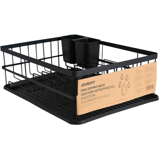 Matte Black Metal Drainer (42 x 31.5 x 15.5cm) - Over sink drainer with cutlery holder and plastic drip tray for storage