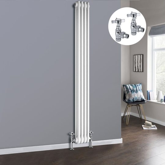 White 3 Column Traditional Cast Iron Style Radiator with Chrome Angled Cross Head Manual Valves Vertical 1800x202mm
