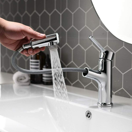 Gift - Bathroom Sink Tap With Pull Out Spray 2 Water Jets Single Handle Kitchen Sink In Durable Brass Chrome Countertop Basin Taps