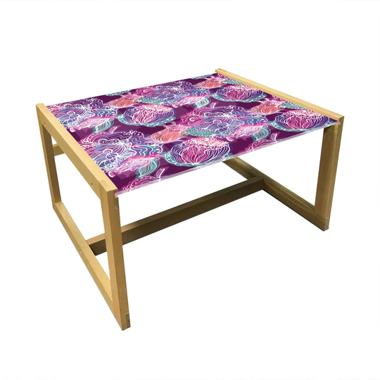 Floral Coffee Table, Colorful Peonies Repetition Cheerful Energetic Design, Acrylic Glass Center Table With Wooden Frame For Offices Dorms Plum Multic