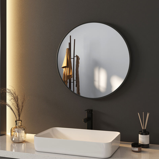 Bathroom Mirror ф50cm Modern Bathroom Hanging Wall Mirror Round Black Frame with Adjustable Leather Strap - Meykoers