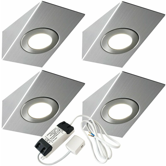 Loops - 4x brushed nickel Wedge Surface Under Cabinet Kitchen Light & Driver Kit - Warm White led
