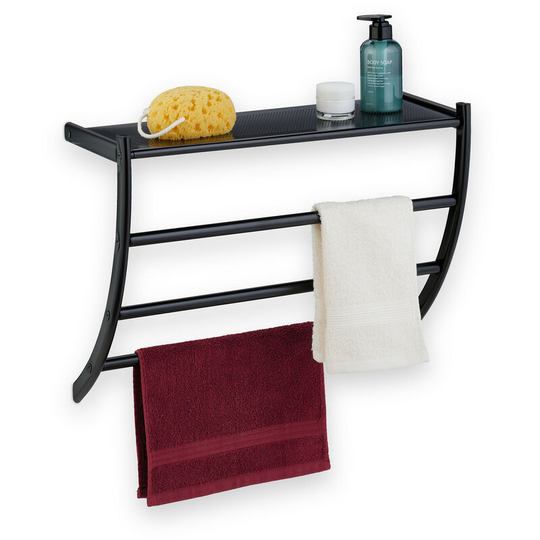 Towel Rack, 3 Rails, h x w x d: 44 x 56.5 x 23 cm, Wall Towel Holder, Steel, Black - Relaxdays