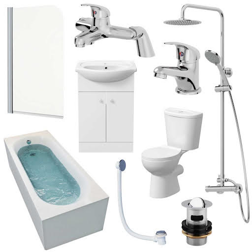 Essentials Complete Bathroom Suite Bundle with Single End Bath & Alpine Vanity Unit - 1700mm