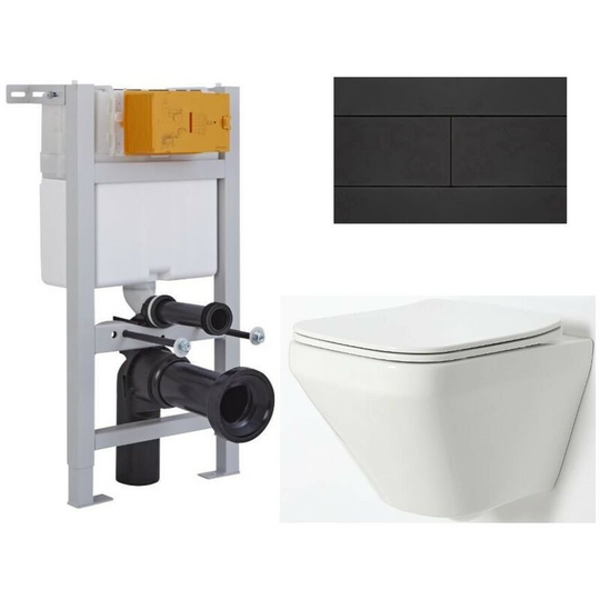 Milano - Farington - White Ceramic Modern Bathroom Wall Hung Rimless Toilet with Short Wall Frame, Cistern and Black Square Flush Plate