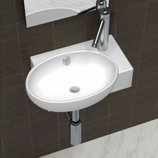 Ceramic Sink Basin Faucet & Overflow Hole Bathroom White VDTD03679
