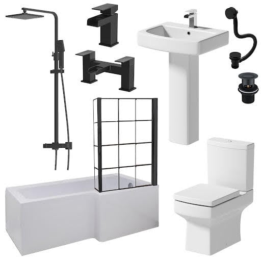 Affine Royan Black Bathroom Suite with L Shape Shower Bath 1700 & Full Pedestal Basin Right Hand