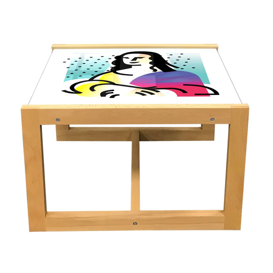 Avant Garde Coffee Table, Funny Sketch Of Mona Lisa Female Portrait Classic Modern Colorful Illustration, Acrylic Glass Center Table With Wooden Frame