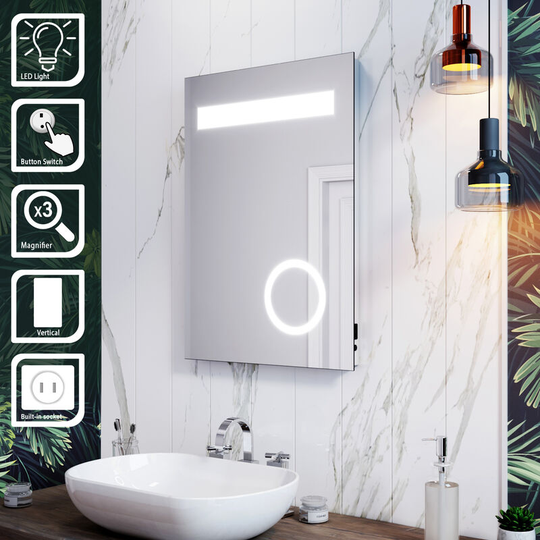 Elegant - led Illuminated Bathroom Mirror 3 Times Magnifying Glass 500x700mm Mirror with Shaver Socket