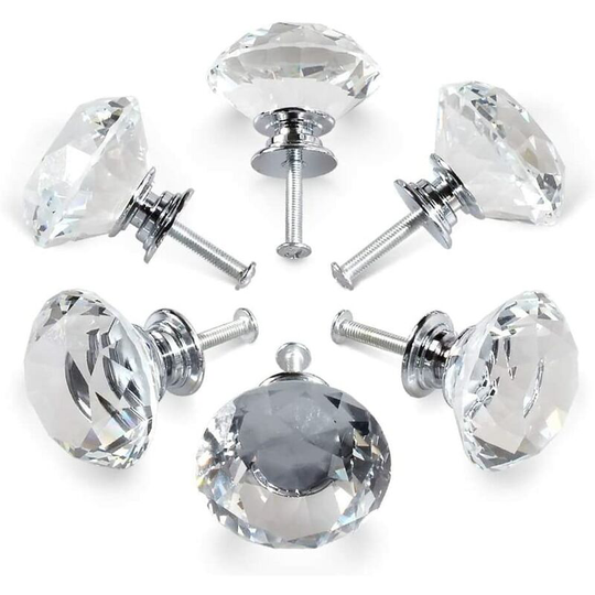 6 Crystal Handles,30mm Diamond Crystal Drawer Cabinet Door Handles,Kitchen Glass Door Handles,Storage Cabinets and Dressing Tables for Home Kitchens