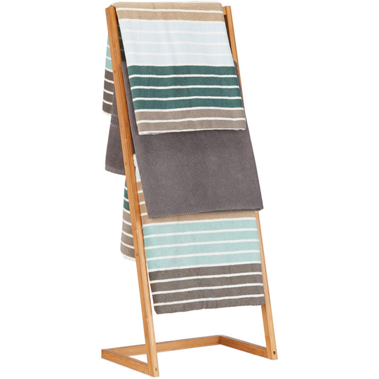 Relaxdays Towel Holder Freestanding with 4 Towel Rails, Bathroom Towel Stand, Bamboo, Butler, HWD: 100x40x30cm, Natural