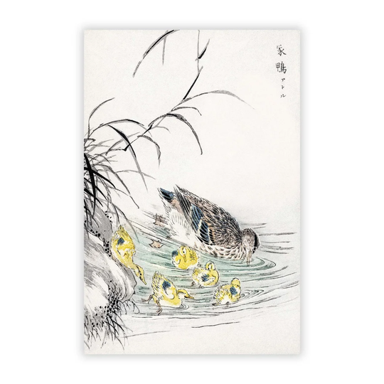'Duck with Chicks' by Numata Kashu - Unframed Painting Print on Paper