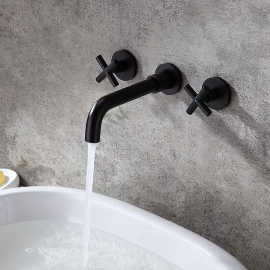 Modern two-handle wall-mount bathroom sink faucet in solid black