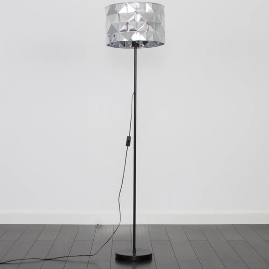 Charlie Floor Lamp In A Black Metal Finish With A Large Chrome Geometric Design Cylinder Light Shade