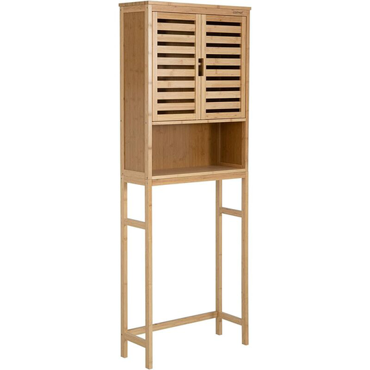 Over Toilet Cabinet, Bamboo Freestanding Washing Machine Rack with Adjustable Shelf and Louver Door, Bathroom Space Saver Laundry Tall Storage