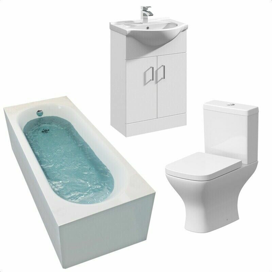Bathroom Suite 1700mm Straight Bath Close Coupled Toilet WC Basin Vanity Unit - White